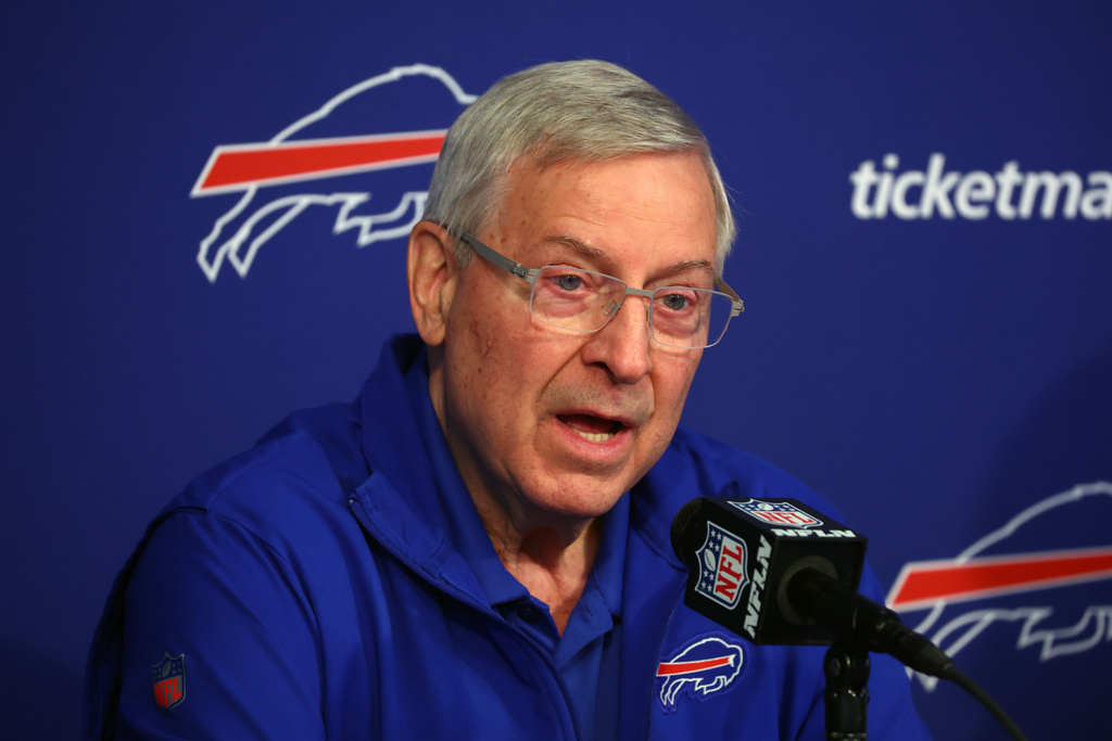 CORRECTS YEAR: Buffalo Bills owner Terry Pegula speaks at a NFL football news conference in Orchard Park, N.Y., Wednesday, Jan 21, 2026. (AP Photo/Jeffrey T. Barnes)