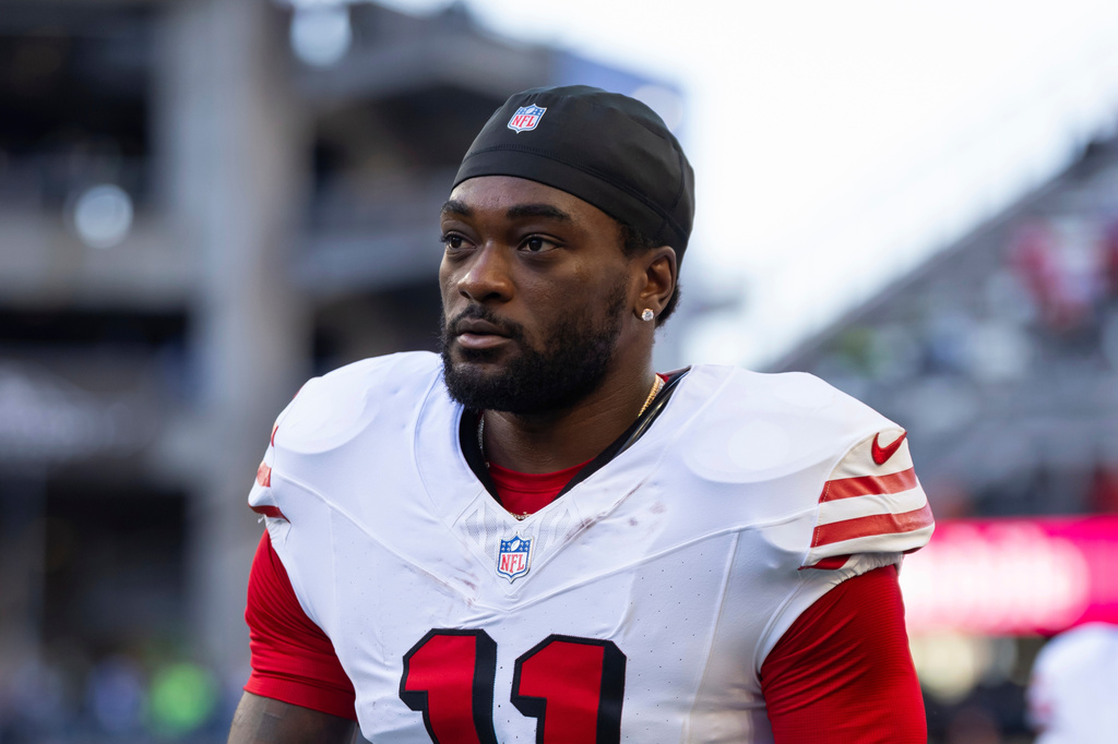 FILE - San Francisco 49ers wide receiver Brandon Aiyuk (11) walks of the field before an NFL football game against the Seattle Seahawks on Oct. 10, 2024 in Seattle. (AP Photo/Ben VanHouten, File)
