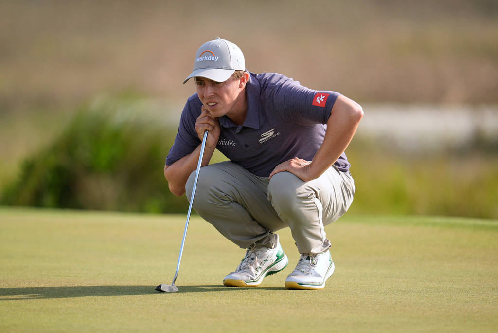 Matt Fitzpatrick, of England, prepares to putt on the 18th hole during the third round of the RBC Heritage golf tournament Saturday, April 18, 2026, in Hilton Head, S.C. (AP Photo/Mike Stewart)