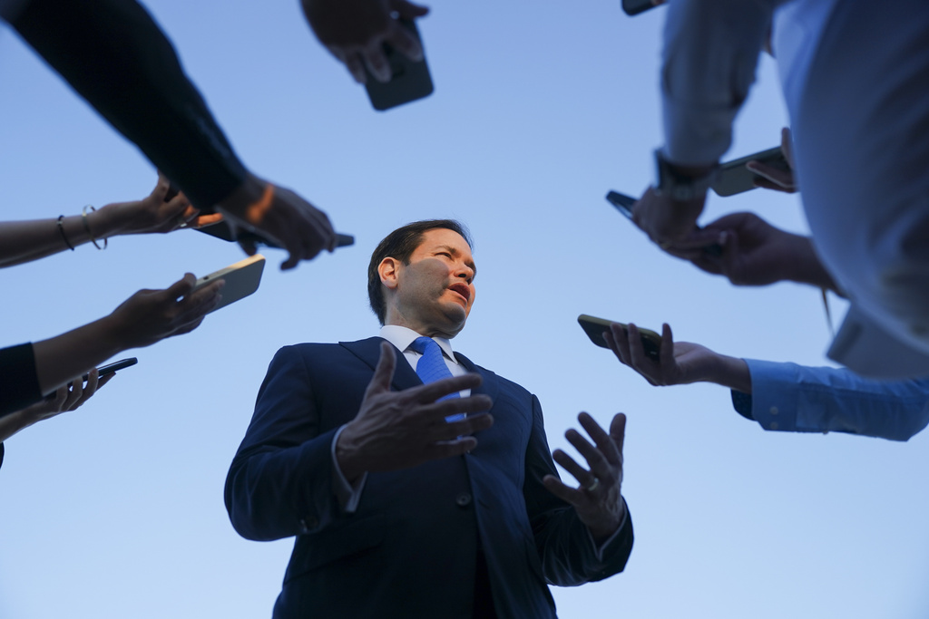 U.S. Secretary of State Marco Rubio speaks to media at Ben Gurion International Airport, as he departs Tel Aviv for Qatar following an official visit, near Lod, Israel, Tuesday, Sept. 16, 2025. (Nathan Howard/Pool Photo via AP)