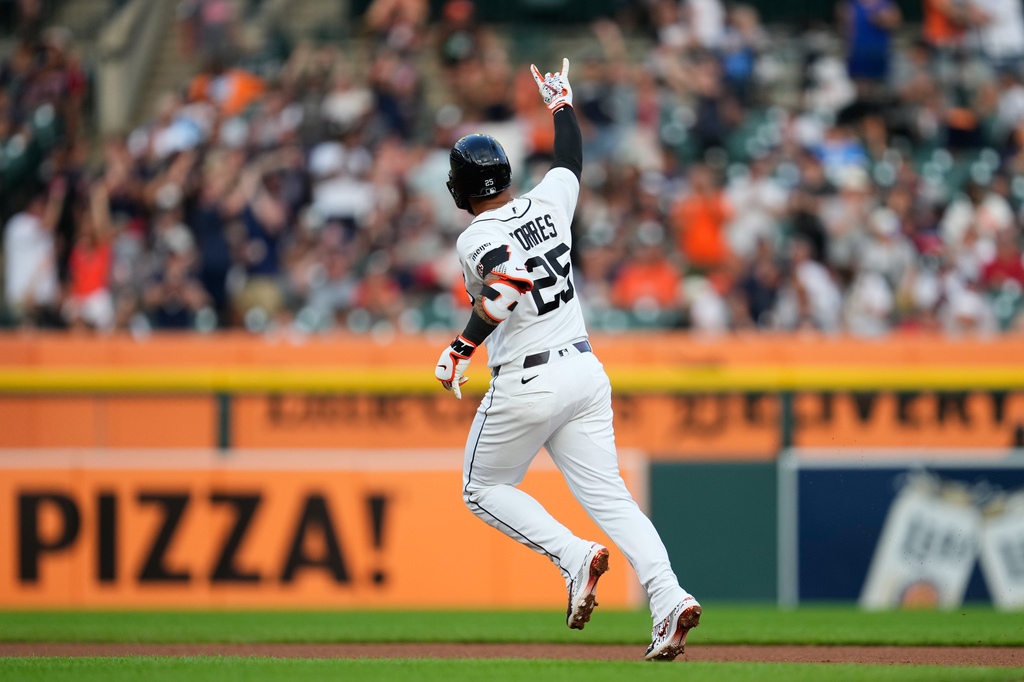 Detroit Tigers' Gleyber Torres reacts to his two-run home run against the Baltimore Orioles during the fourth inning of a baseball game Tuesday, July 28, 2026, in Detroit. (AP Photo/Paul Sancya)