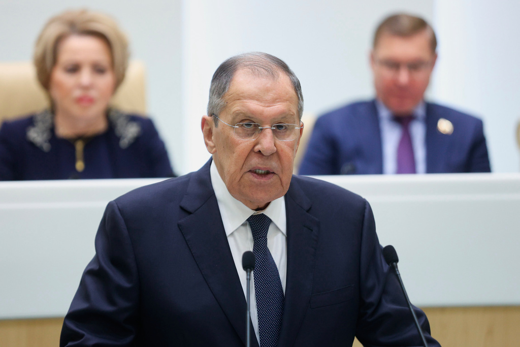 In this photo distributed by the Federation Council of The Federal Assembly of The Russian Federation Press Service, Russian Foreign Minister Sergey Lavrov speaks during a session of The Federation Council of The Federal Assembly of The Russian Federation in Moscow, Wednesday, Dec. 10, 2025. (The Federation Council of The Federal Assembly of The Russian Federation Press Service via AP)