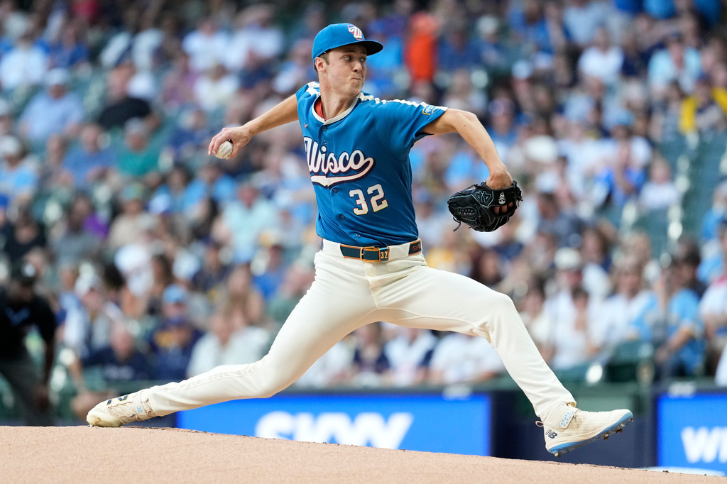 Milwaukee Brewers' Jacob Misiorowski pitches during the first inning of a baseball game against the Philadelphia Phillies, Friday, June 12, 2026, in Milwaukee. (AP Photo/Aaron Gash)
