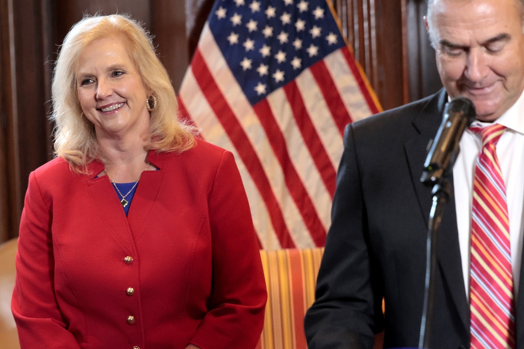 Catherine Hanaway reacts as Gov. Mike Kehoe announces her as the next Missouri Attorney General on Tuesday, Aug. 19, 2025, during a press conference in his office at the Capitol in Jefferson City. (Laurie Skrivan/St. Louis Post-Dispatch via AP)