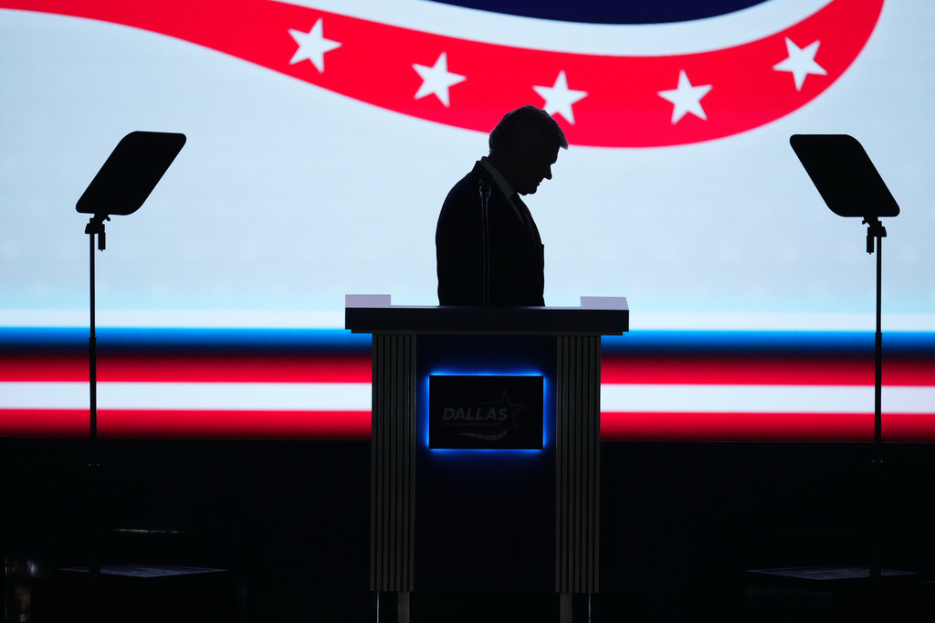 Rep. Mike Collins, senatorial candidate for Georgia, takes the stage at the Republican convention in Dallas, Wednesday, Sept. 9, 2026. (AP Photo/Tony Gutierrez)