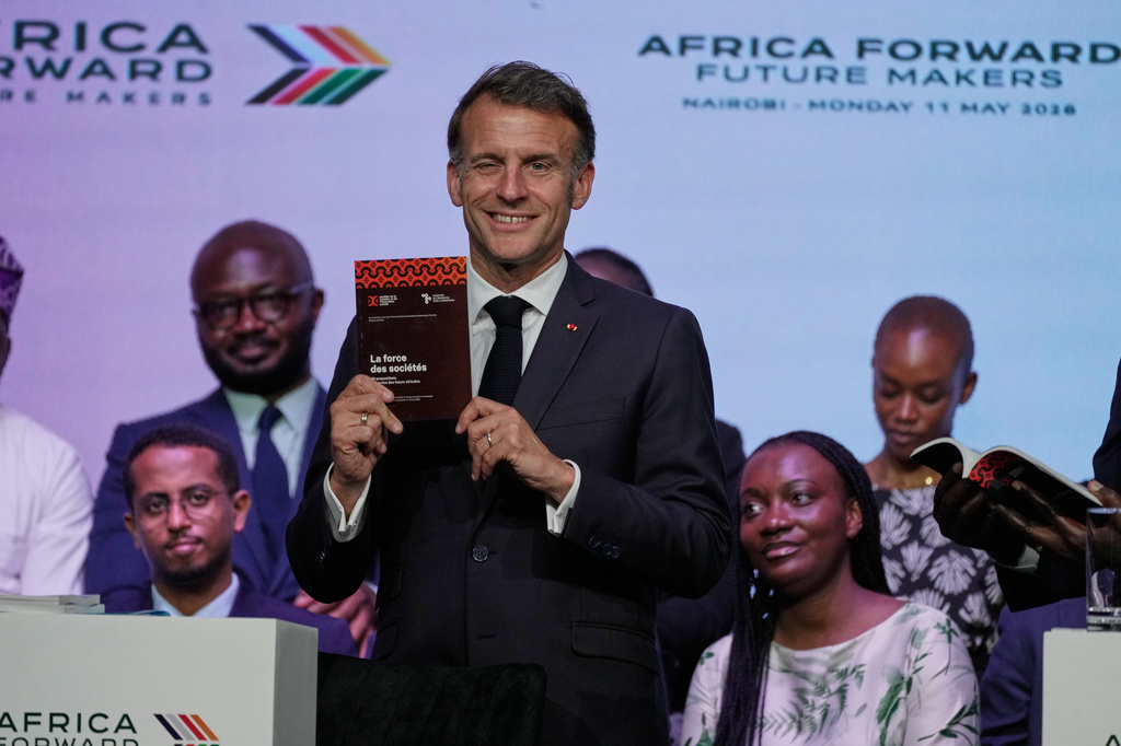 France's President Emmanuel Macron participates in the youth session "Africa Forward, Creation in Motion" during the Africa Forward Summit at the University of Nairobi, Kenya, Monday, May 11, 2026. (AP Photo/Brian Inganga)