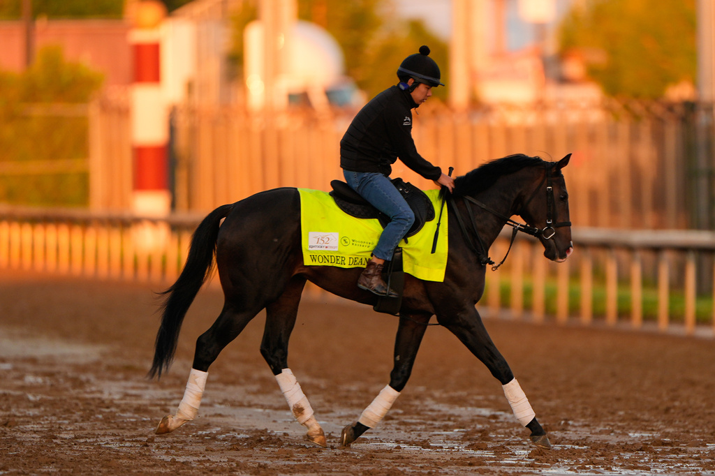 Japanese Kentucky Derby entrant Wonder Dean works out at Churchill Downs Thursday, April 30, 2026, in Louisville, Ky. (AP Photo/Charlie Riedel)