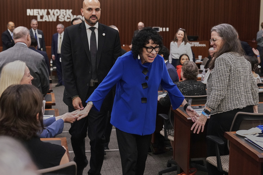 Supreme Court Justice Sonia Sotomayor greets audience members after she spoke at the New York Law School's Constitution and Citizen Day Summit, in New York, Tuesday, Sept. 16, 2025. (AP Photo/Richard Drew)