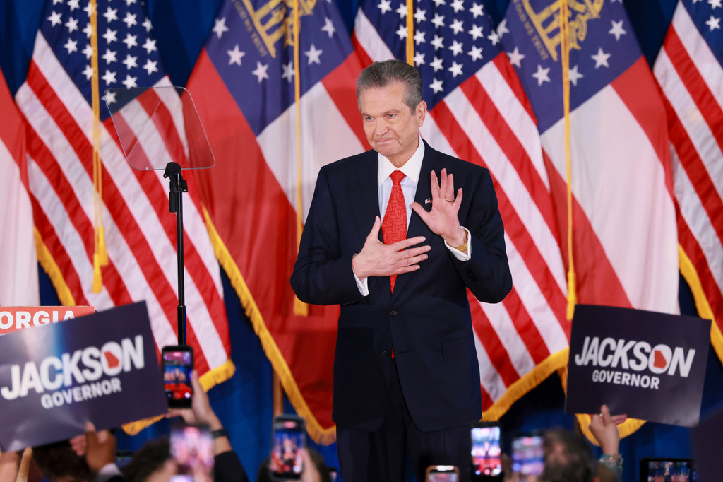 Georgia gubernatorial candidate Rick Jackson greets supporters before speaking at his runoff election night watch party Tuesday, June 16, 2026, in Atlanta. (Jason Getz/Atlanta Journal-Constitution via AP)