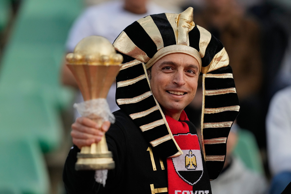 An Egypt supporter at the Africa Cup of Nations group B soccer match between Angola and Egypt in Agadir, Morocco, Monday, Dec. 29, 2025. (AP Photo/Mosa'ab Elshamy)