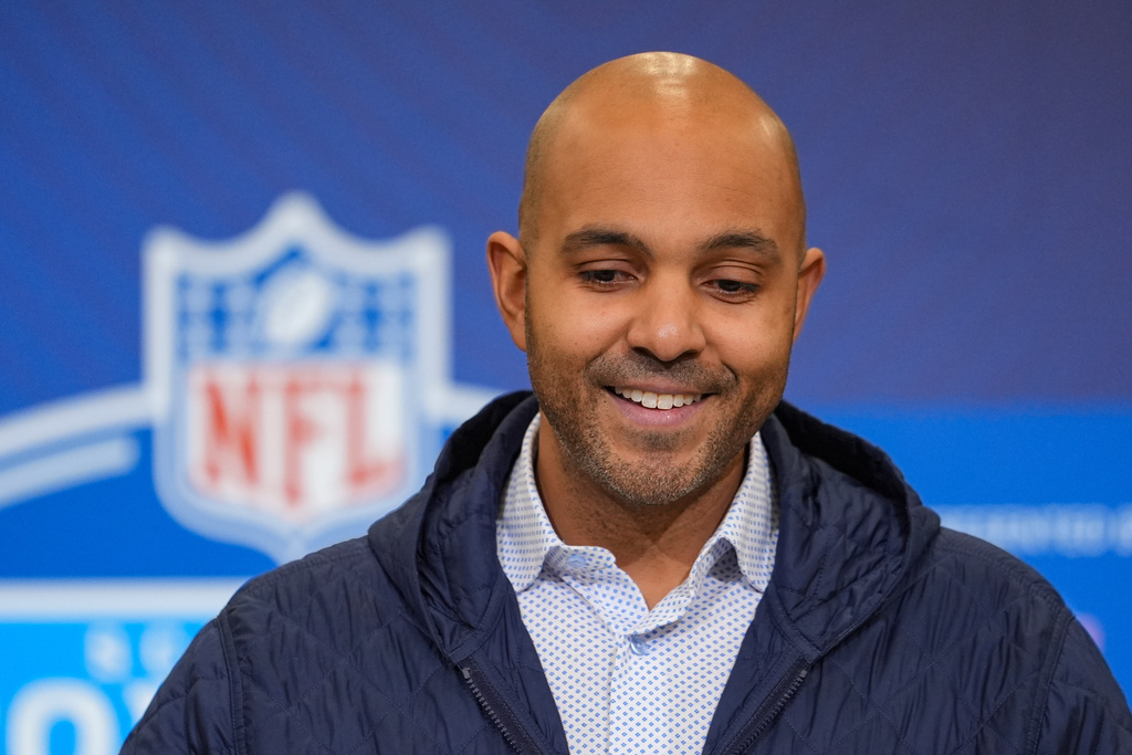 Atlanta Falcons general manager Ian Cunninghamspeaks during a press conference at the NFL football scouting combine in Indianapolis, Tuesday, Feb. 24, 2026. (AP Photo/Michael Conroy)