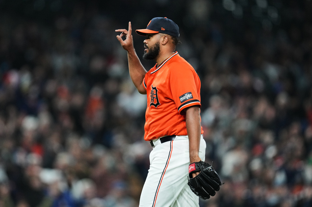 Detroit Tigers pitcher Kenley Jansen reacts to the final out against the Miami Marlins during the ninth inning of a baseball game Friday, April 10, 2026, in Detroit. (AP Photo/Paul Sancya)