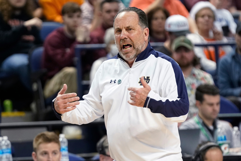 FILE - Notre Dame coach Mike Brey reacts to a call during the second half of the team's NCAA college basketball game against Virginia Tech at the Atlantic Coast Conference men's tournament in Greensboro, N.C., Tuesday, March 7, 2023. (AP Photo/Chuck Burton,File)