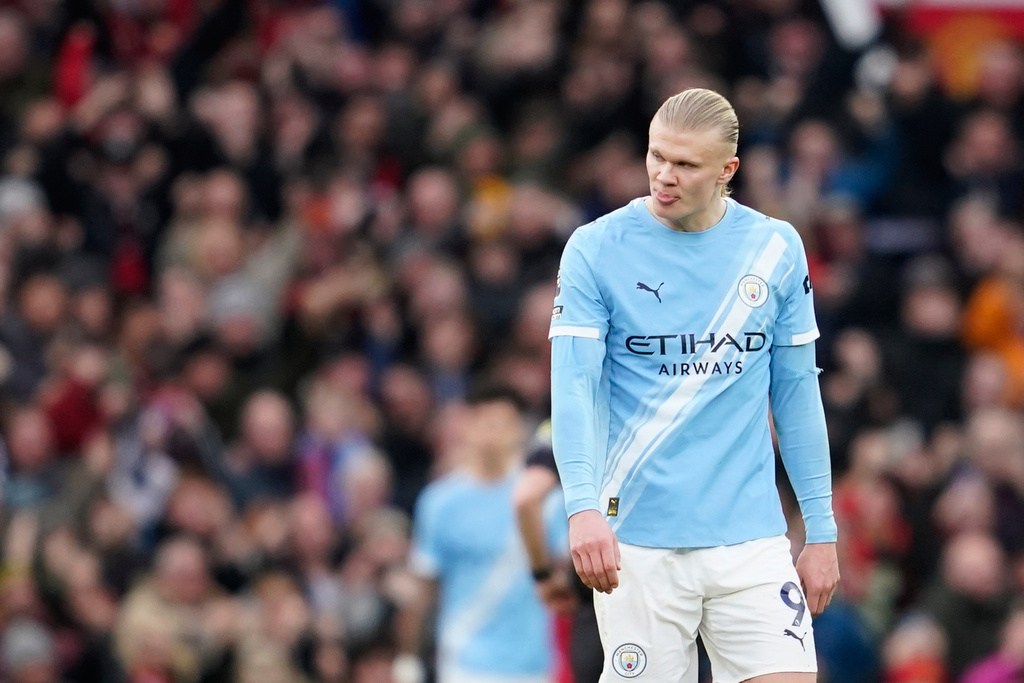 Manchester City's Erling Haaland reacts during the English Premier League soccer match between Manchester United and Manchester City in Manchester, England, Saturday, Jan. 17, 2026. (AP Photo/Dave Thompson)