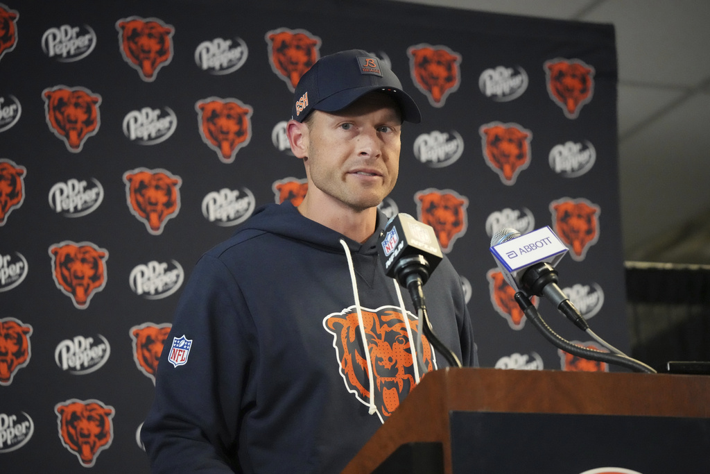 Chicago Bears head coach Ben Johnson speaks during a news conference following an NFL football game against the Minnesota Vikings Monday, Sept. 8, 2025, in Chicago. (AP Photo/Nam Y. Huh)