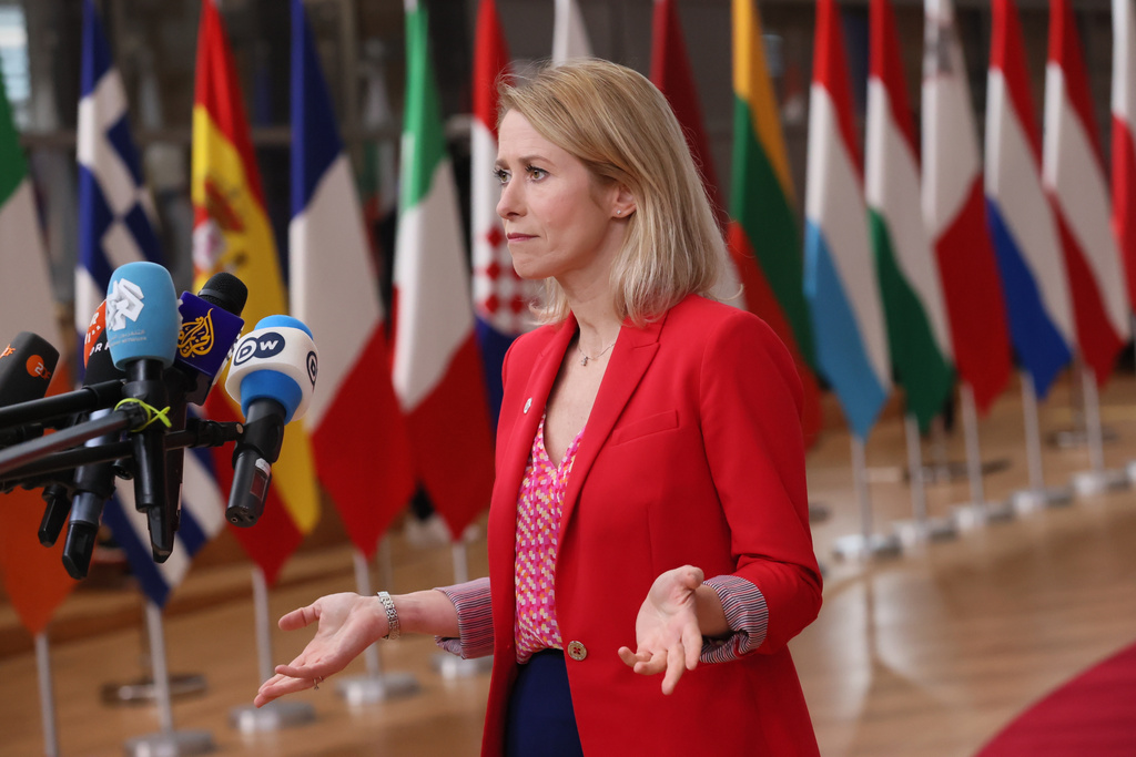 European Union foreign policy chief Kaja Kallas speaks with the media as she arrives for an EU Summit at the European Council building in Brussels, Thursday, Oct. 23, 2025. (AP Photo/Francois Walschaerts)