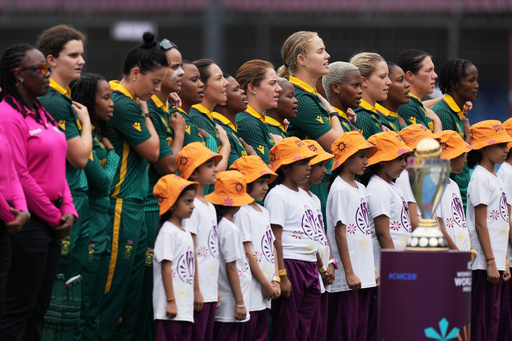 South Africa's players stands for national anthem during the ICC Women's Cricket World Cup match between Australia and South Africa in Indore, India, Saturday, Oct. 25, 2025. (AP Photo/Ajit Solanki) South Africa's players stands for national anthem during the ICC Women's Cricket World Cup match between Australia and South Africa in Indore, India, Saturday, Oct. 25, 2025. (AP Photo/Ajit Solanki)