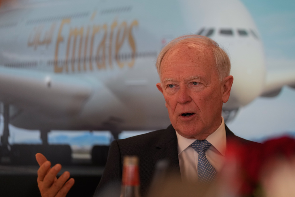 Tim Clark, the president of Emirates Airlines, speaks to journalists at the Dubai Air Show, United Arab Emirates, Tuesday, Nov. 18, 2025. (AP Photo/Altaf Qadri)