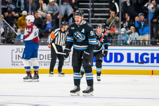 Utah Mammoth defenseman Mikhail Sergachev (98) yells in celebration after scoring a goal during the third period of an NHL hockey game against the Colorado Avalanche, Tuesday, Oct. 21, 2025, in Salt Lake City, Utah. (AP Photo/Tyler Tate) Utah Mammoth defenseman Mikhail Sergachev (98) yells in celebration after scoring a goal during the third period of an NHL hockey game against the Colorado Avalanche, Tuesday, Oct. 21, 2025, in Salt Lake City, Utah. (AP Photo/Tyler Tate)