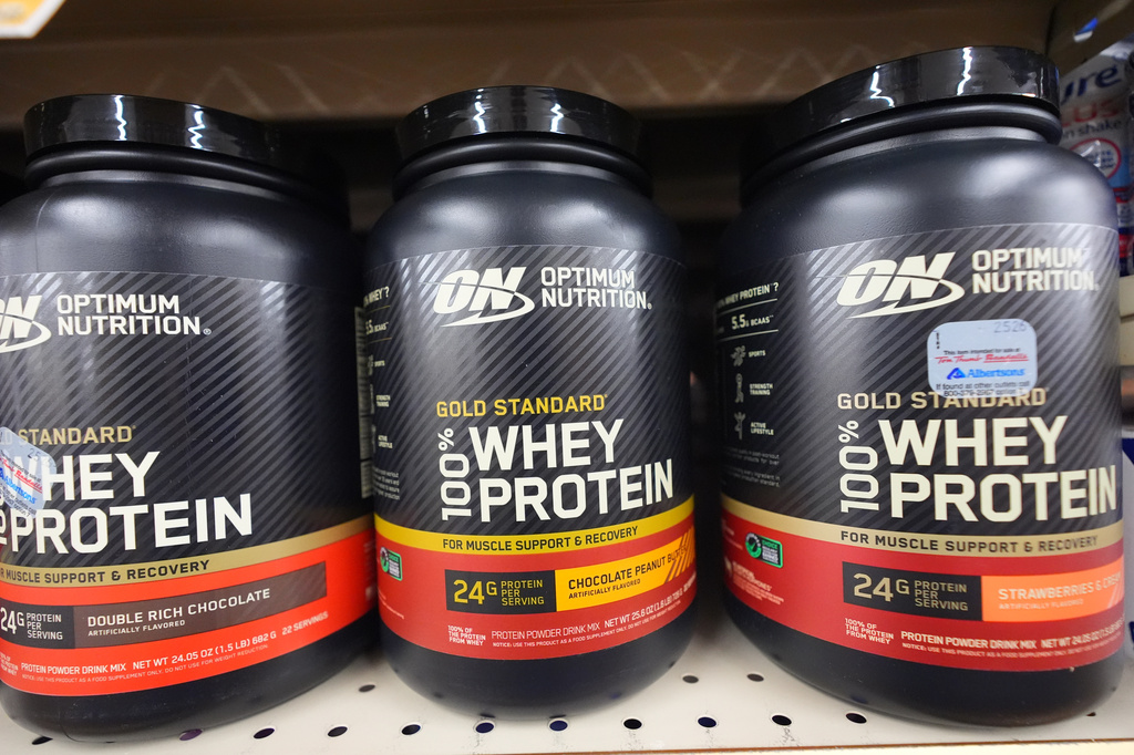 Whey protein sits for sale at a grocery store, Wednesday, June 10, 2026, in Dallas. (AP Photo/LM Otero)