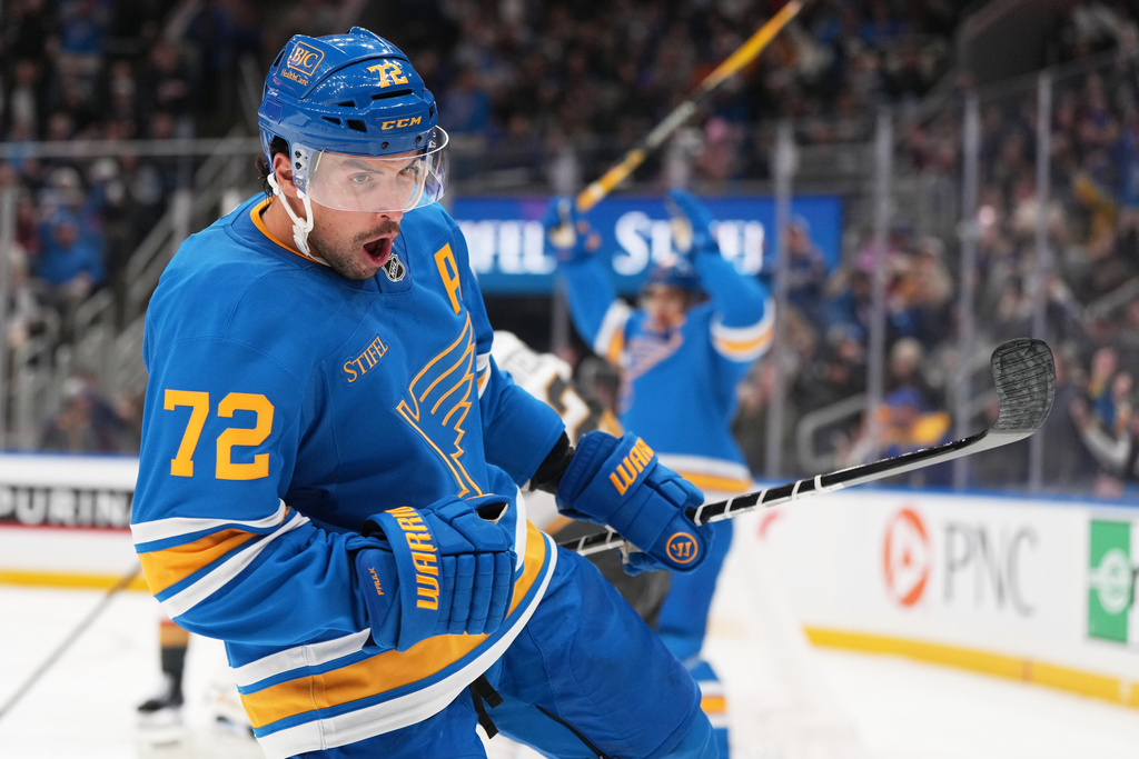 St. Louis Blues' Justin Faulk (72) celebrates after scoring during the second period of an NHL hockey game against the Vegas Golden Knights Friday, Jan. 2, 2026, in St. Louis. (AP Photo/Jeff Roberson)