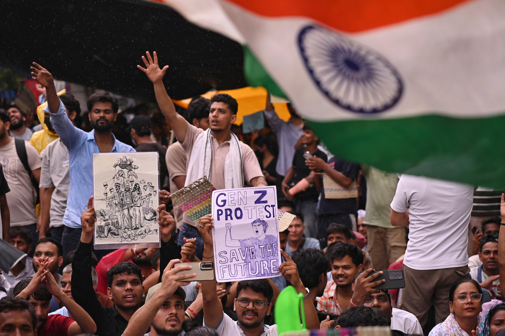 FILE- Protesters raise slogans during a demonstration demanding educational reforms as part of the Cockroach Janta Party's ongoing protest movement in New Delhi, India, Friday, July 24, 2026. (AP Photo/Vipin, File)