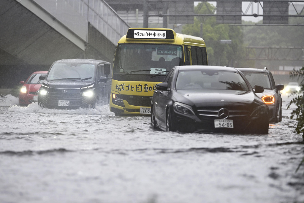 A street is flooded following a heavy rain in Nagoya, central Japan Tuesday, Sept. 8, 2026. (Kazushi Kurihara/Kyodo News via AP)