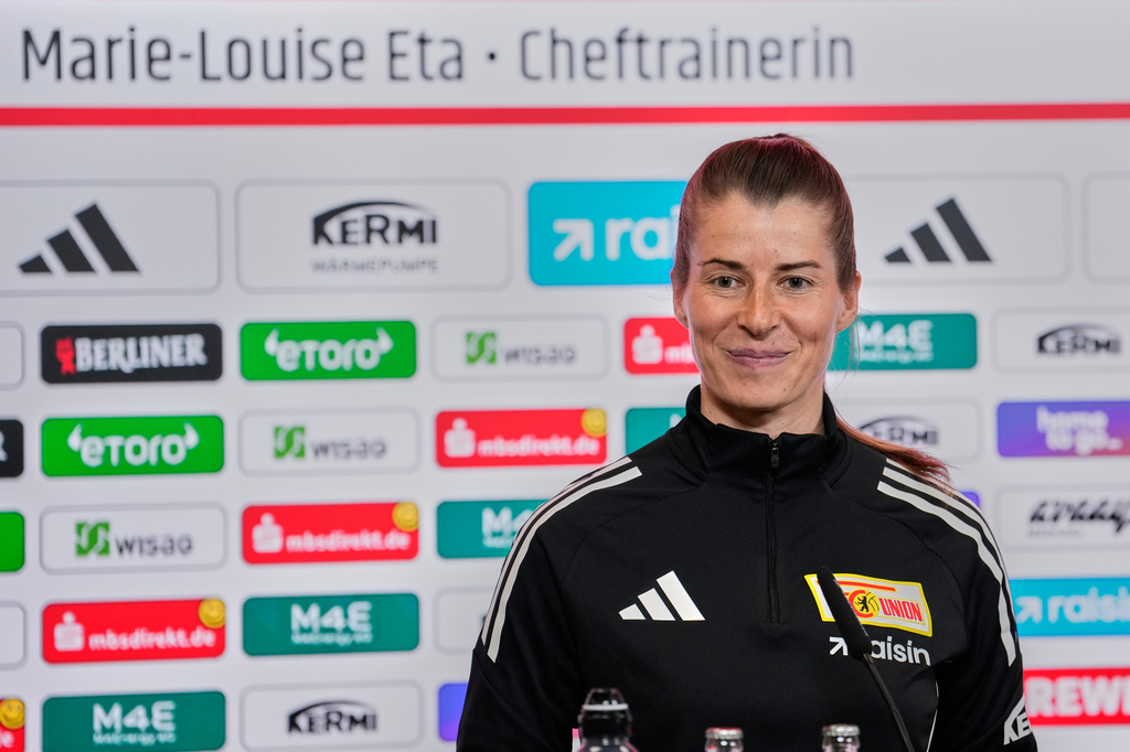 New head coach of German Bundesliga soccer club 1. FC Union Berlin Marie-Louise Eta attends a press conference in Berlin, Germany, Thursday, April 16, 2026. (AP Photo/Ebrahim Noroozi)