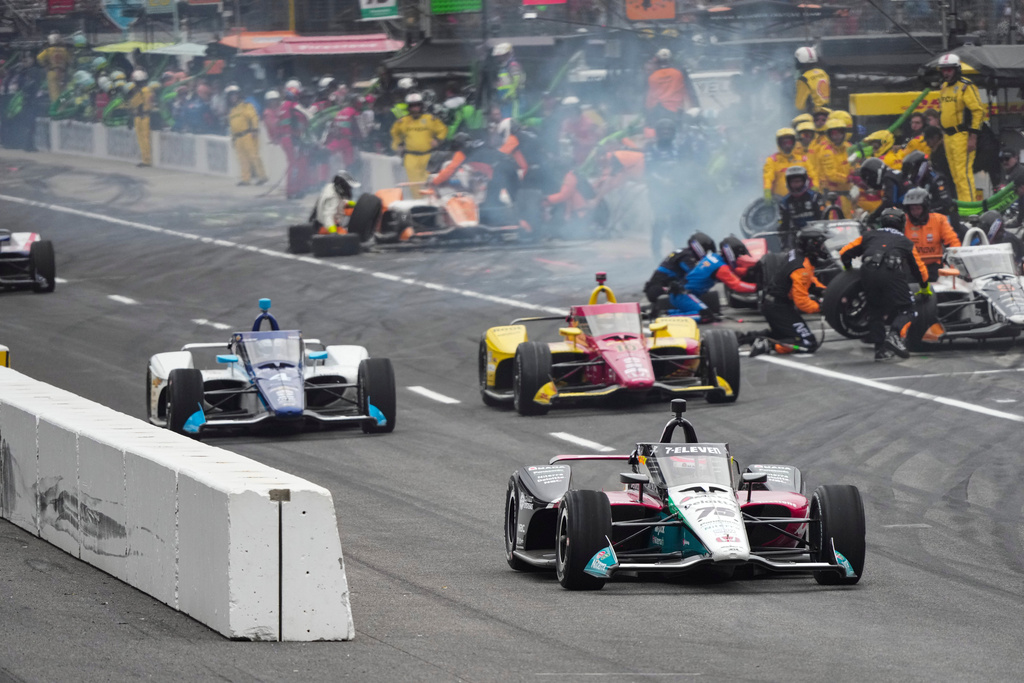 FILE - Drivers participate in the Indianapolis 500 auto race at Indianapolis Motor Speedway in Indianapolis, May 25, 2025. (AP Photo/AJ Mast, File)