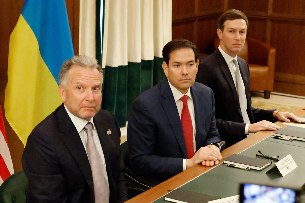 FILE - Special envoy Steve Witkoff, left, Secretary of State Marco Rubio, center, and Jared Kushner attend a meeting with Ukrainian officials, Nov. 30, 2025, in Hallandale Beach, Fla. (AP Photo/Terry Renna, File)
