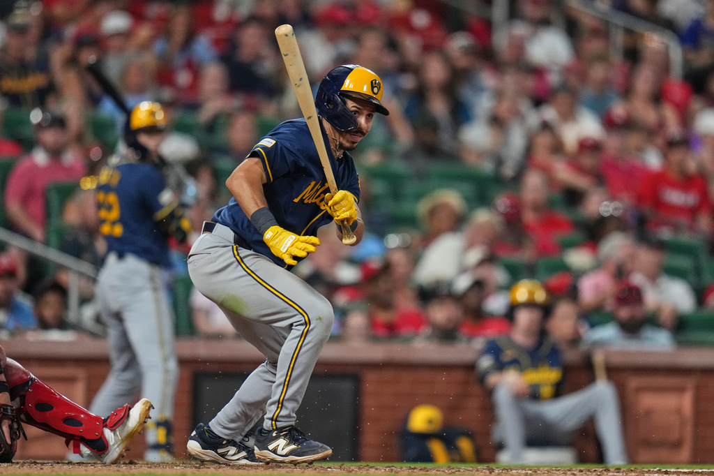 Milwaukee Brewers' David Hamilton follows through on a two-run double during the seventh inning of a baseball game against the St. Louis Cardinals Monday, July 6, 2026, in St. Louis. (AP Photo/Jeff Roberson)
