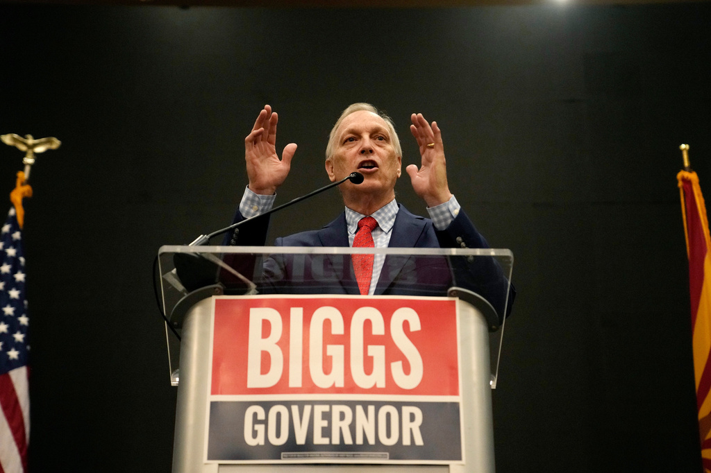 Rep. Andy Biggs, R-Ariz., who is running in the primary for Arizona governor, speaks at a campaign event, Friday, July 17, 2026, in Gilbert, Ariz. (AP Photo/Ross D. Franklin)