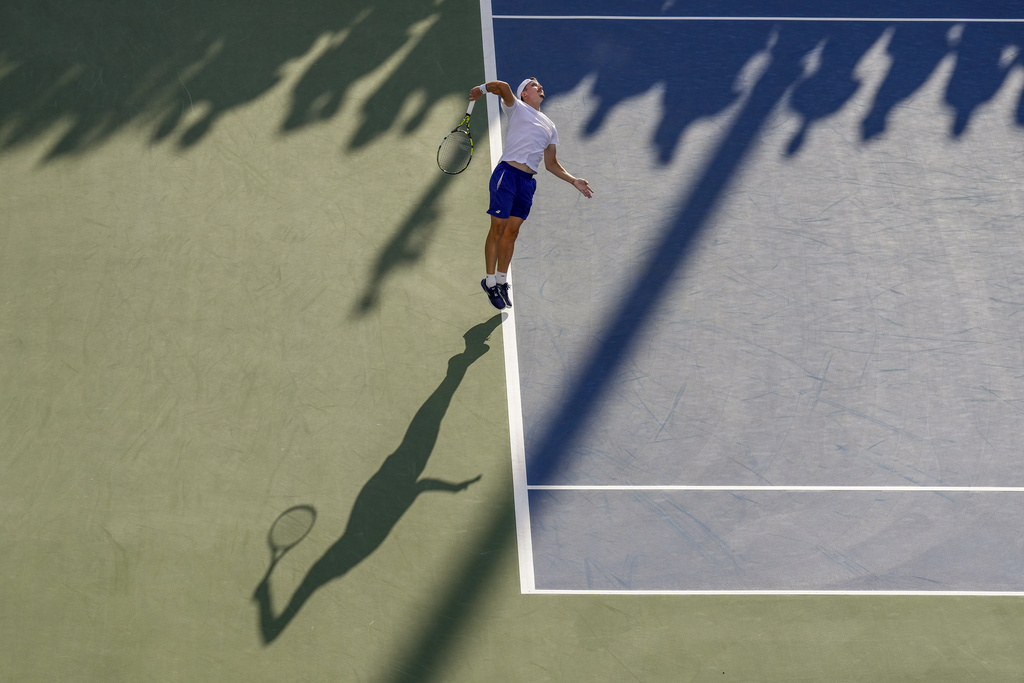 Ugo Blanchet, of France, serves to Jakub Mensik, of the Czech Republic, during the second round of the U.S. Open tennis championships, Wednesday, Aug. 27, 2025, in New York. (AP Photo/Seth Wenig)