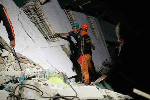 Rescuers check for survivors from the ruins of a collapsed building, Wednesday, Oct. 1, 2025 after a strong earthquake struck Bogo city, Cebu Province, Central Philippines. (AP Photo/Aaron Favila) Rescuers check for survivors from the ruins of a collapsed building, Wednesday, Oct. 1, 2025 after a strong earthquake struck Bogo city, Cebu Province, Central Philippines. (AP Photo/Aaron Favila)