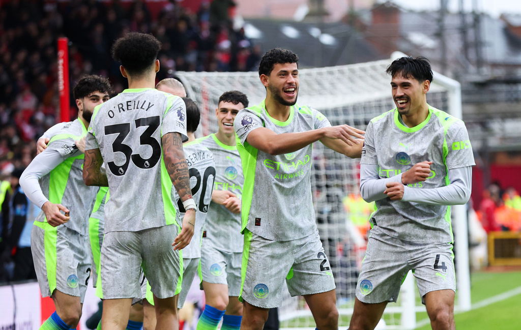 Manchester City's Tijjani Reijnders celebrates scoring the opening goal during the Premier League match between Nottingham Forest and Manchester City, in Nottingham, England, Saturday Dec. 27, 2025. (Barrington Coombs/PA via AP)
