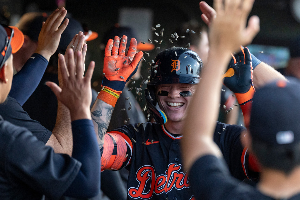 Detroit Tigers' Max Clark celebrates after hitting a two-run home run during the sixth inning of a baseball game against the Athletics Saturday, Aug. 1, 2026, in West Sacramento, Calif. (AP Photo/Sara Nevis)
