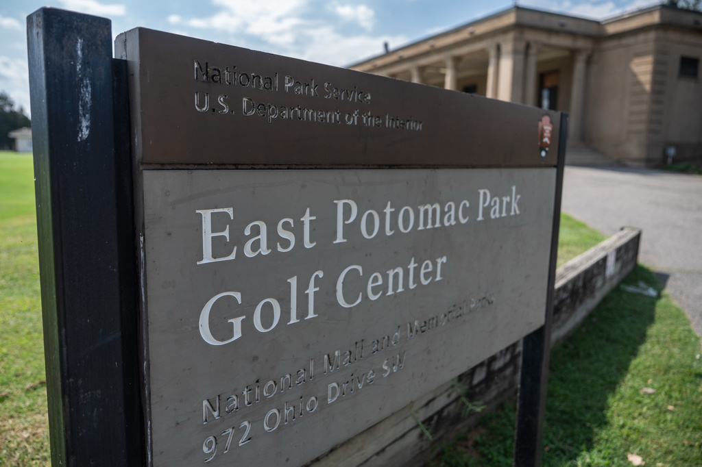 The main sign for East Potomac Park Golf Course is seen, Tuesday, Sept. 1, 2026, in Washington. (AP Photo/Julia Demaree Nikhinson)