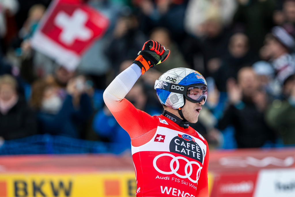 Switzerland's Marco Odermatt reacts in the finish area during an alpine ski, men's World Cup downhill race, in Wengen, Switzerland, Saturday, Jan. 17, 2026. (Peter Schneider/Keystone via AP)