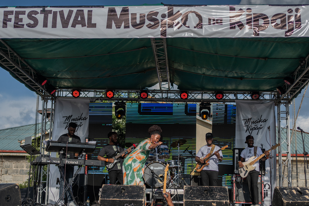 Rapper Clem Cleopatre performs for the crowd in Goma, Democratic Republic of Congo, Saturday, March 28, 2026. (AP Photo/Moses Sawasawa)