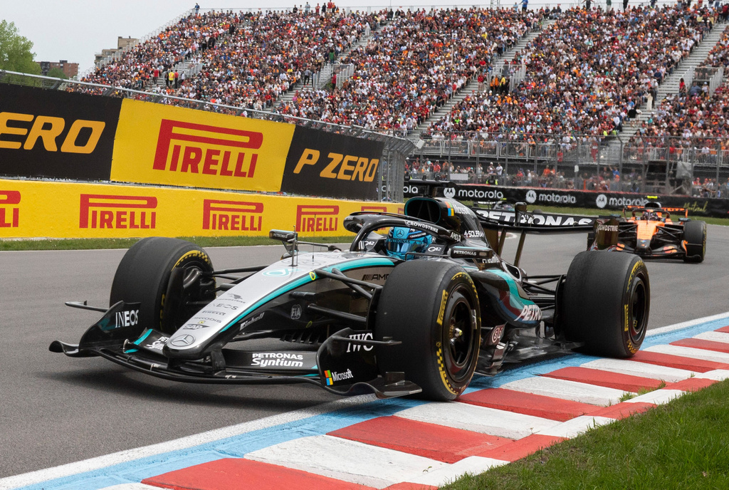 Mercedes' George Russell, of Britain, drives during the sprint race at the F1 Canadian Grand Prix auto race in Montreal, Saturday, May 23, 2026. (Peter McCabe/The Canadian Press via AP)