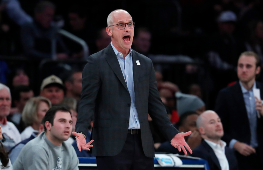 UConn head coach Dan Hurley reacts during the first half of an NCAA basketball game against Florida, Tuesday, Dec. 9, 2025, in New York. (AP Photo/Noah K. Murray)