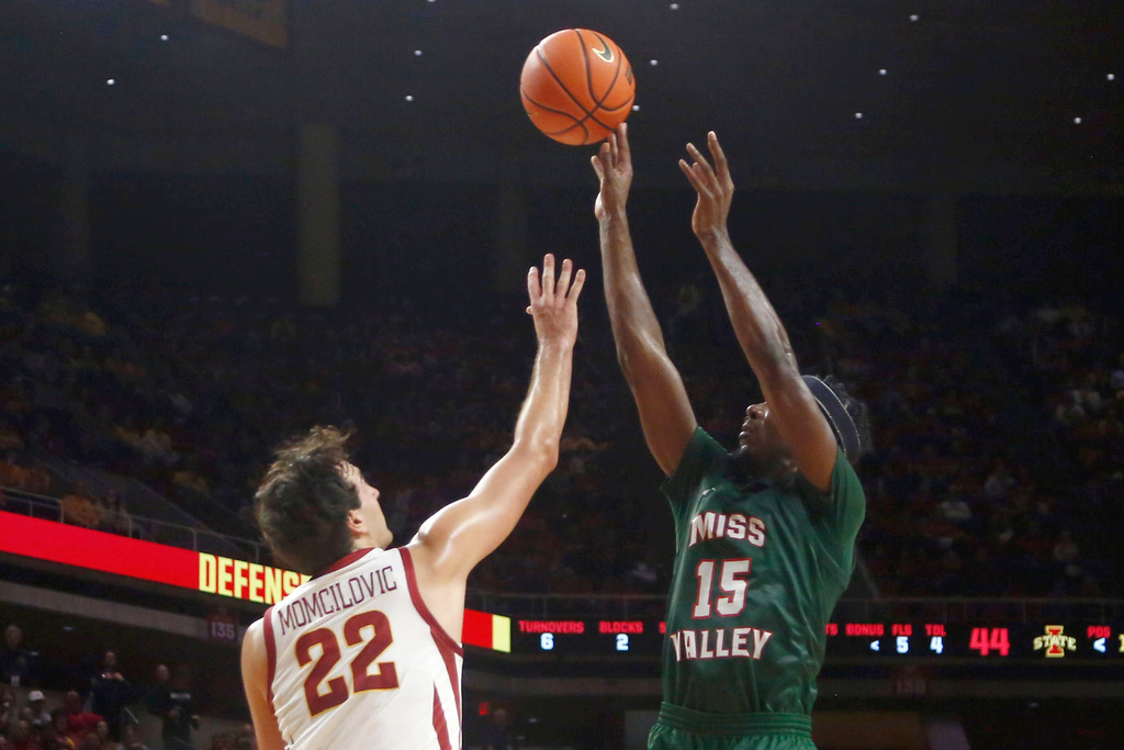 FILE - Mississippi Valley State's Alvin Stredic (15) shoots a jump shot over the defensive efforts of Iowa State's Milan Momcilovic (22) during the first half of an NCAA college basketball game, Monday, Nov. 4, 2024, in Ames, Iowa. (AP Photo/Bryon Houlgrave, File)