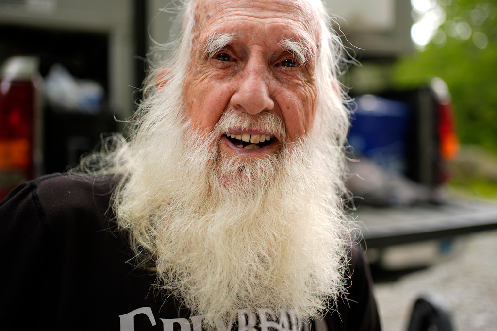 Grey Beard is a fitting trail name for 91-year-old Appalachian Trail hiker Dale Sanders, seen enjoying a rest, Wednesday, July 29, 2026, north of Monson, Maine. (AP Photo/Robert F. Bukaty)