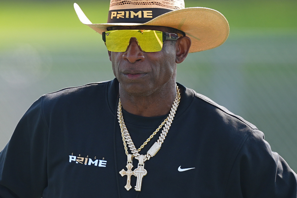Colorado head coach Deion Sanders looks on during a practice at an NCAA college football training camp in Fountain, Colo., Thursday, Aug. 6, 2026. (AP Photo/David Zalubowski)