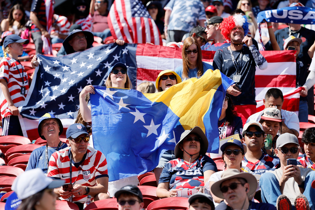 Spectators fill the stadium ahead of the World Cup Round of 32 match between USA and Bosnia and Herzegovina at the San Francisco Bay Area Stadium in Santa Clara, Calif. on Wednesday, July 01, 2026. (Santiago Mejia/San Francisco Chronicle via AP)