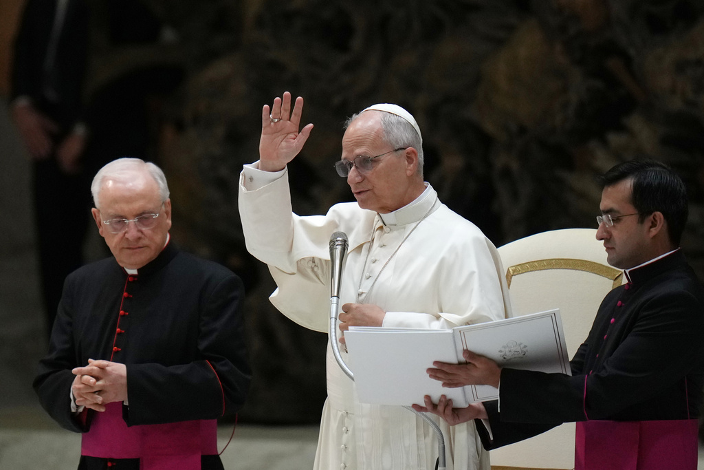 Pope Leo XIV holds his weekly general audience in the Paul VI Hall at the Vatican, Wednesday, Jan. 7, 2026. (AP Photo/Alessandra Tarantino)