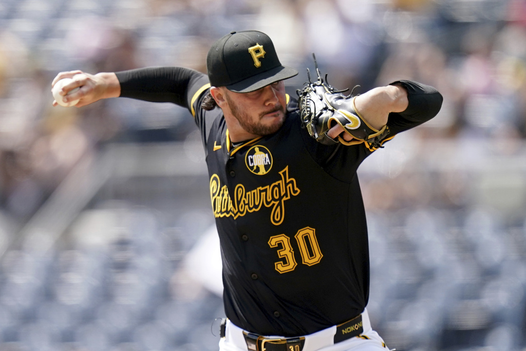 Pittsburgh Pirates pitcher Paul Skenes delivers during the first inning of a baseball game against the Colorado Rockies Sunday, Aug. 24, 2025, in Pittsburgh. (AP Photo/Matt Freed)