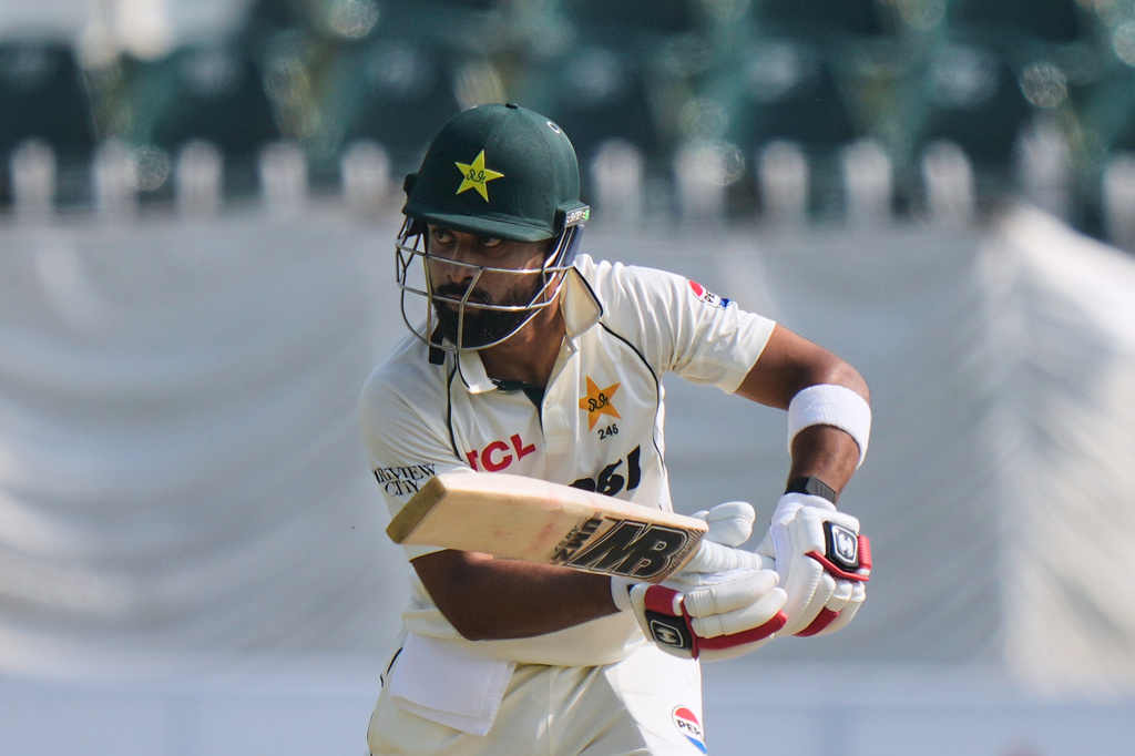 Pakistan's Abdullah Shafique bats during the first day of the second test cricket match between Pakistan and South Africa, at the Rawalpindi Cricket Stadium, in Rawalpindi, Pakistan, Monday, Oct. 20, 2025. (AP Photo/Anjum Naveed)