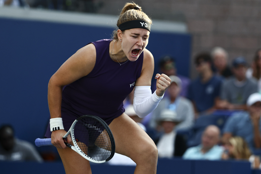 Karolina Muchova, of the Czech Republic, reacts after defeating Soraya Cirstea, of Romania, during the second round of the U.S. Open tennis championships, Thursday, Aug. 28, 2025, in New York. (AP Photo/Andres Kudacki)