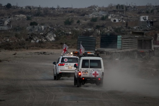 Red Cross vehicles carrying the bodies of two people believed to be deceased hostages handed over by Hamas make their way toward the Kissufim border crossing with Israel, to be transferred to Israeli authorities, in Deir al-Balah, central Gaza Strip, Thursday, Oct. 30, 2025. (AP Photo/Abdel Kareem Hana) Red Cross vehicles carrying the bodies of two people believed to be deceased hostages handed over by Hamas make their way toward the Kissufim border crossing with Israel, to be transferred to Israeli authorities, in Deir al-Balah, central Gaza Strip, Thursday, Oct. 30, 2025. (AP Photo/Abdel Kareem Hana)